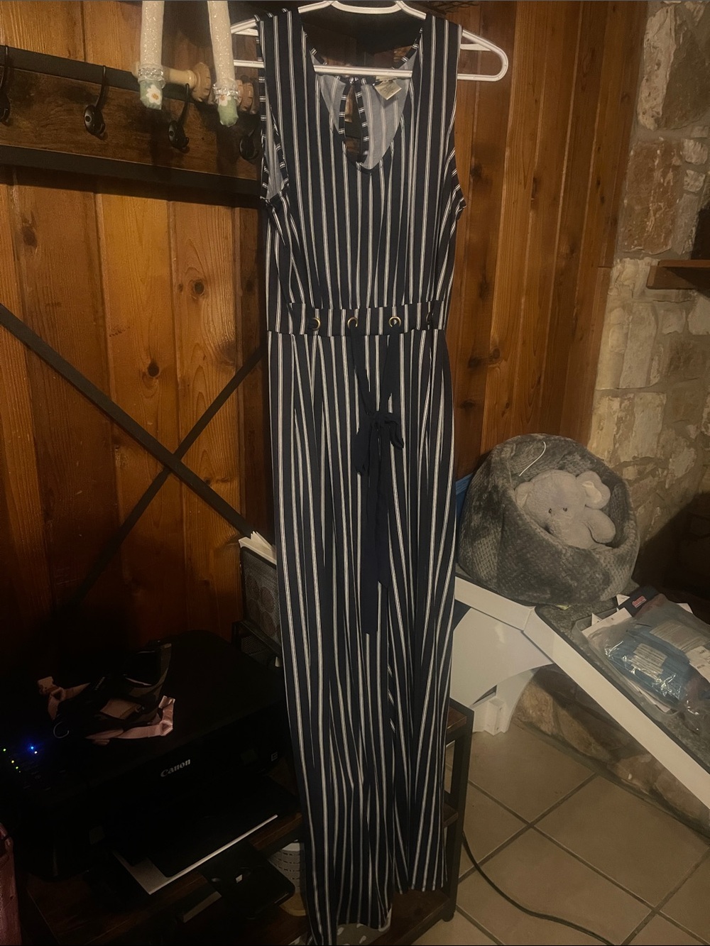 Wrapper Navy and White Vertical Stripe Sleeveless Jumpsuit with Tie Waist